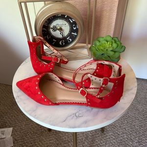 Red Studded Pointed Toe Flats | 8.5